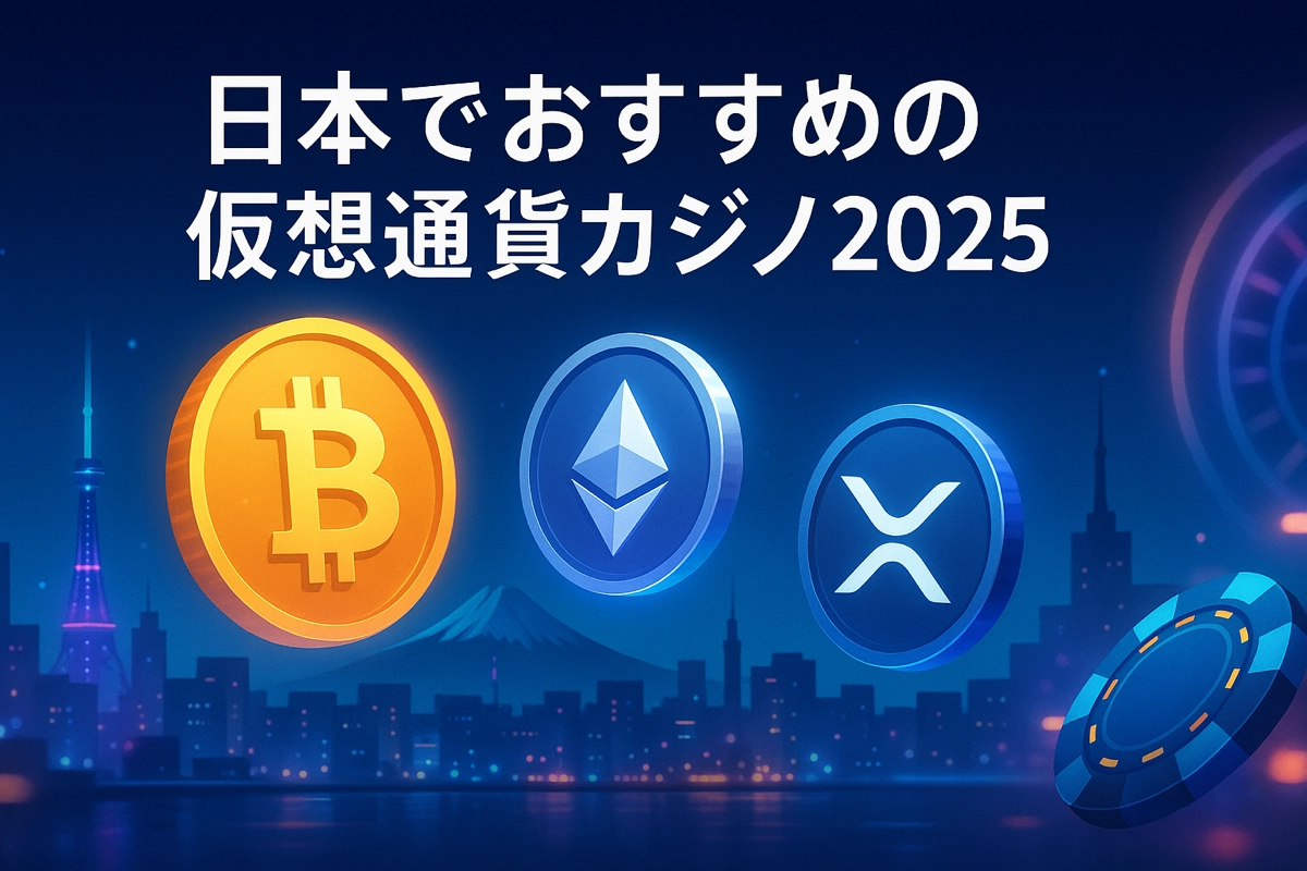 日本の仮想通貨カジノをテーマにしたデジタルイラスト。東京の夜景を背景に、ビットコイン、イーサリアム、XRPなどの暗号通貨コインが輝きながら浮かび、未来的な光とネオンが広がる。