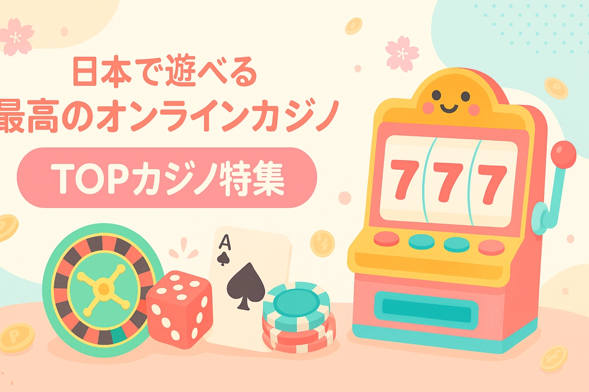 「日本で遊べる最高のオンラインカジノ TOPカジノ特集」と書かれた、スロットマシンとルーレットの明るいイラスト。