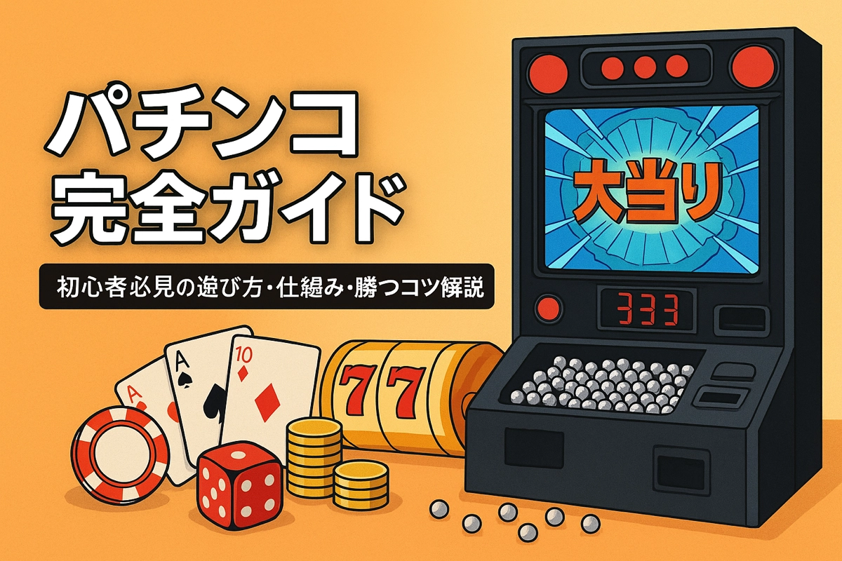 カラフルなパチンコ台とギャンブル要素を描いたイラスト。中央に「パチンコ完全ガイド」という大きなタイトルが表示され、右側には「大当り」と表示されたパチンコ機、左側にはトランプ、サイコロ、コイン、スロットの777が並ぶ。初心者向けにパチンコの遊び方や仕組みを紹介する記事用のヘッダー画像。