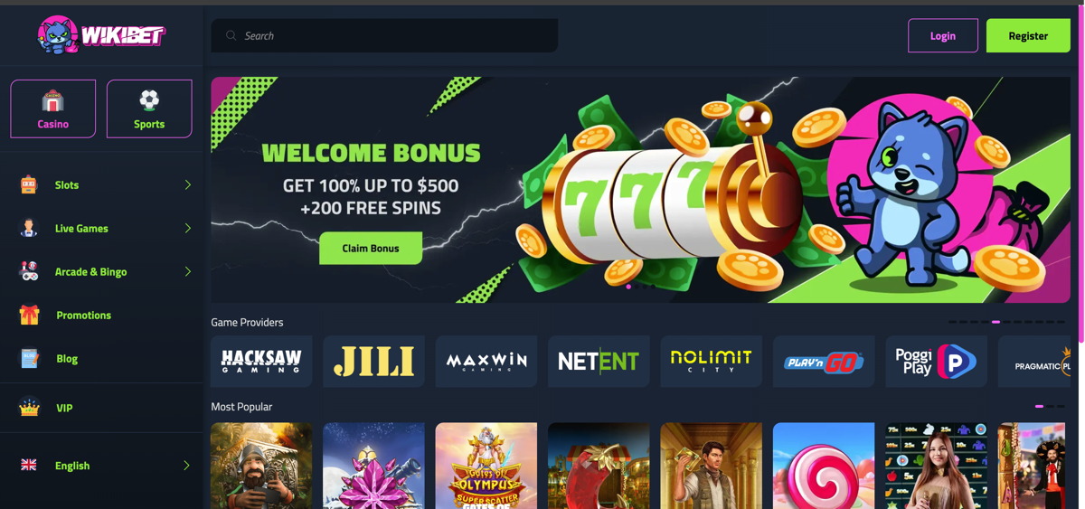 ウィキベットカジノ（WikiBet Casino）のホームページスクリーンショット。トップページにはダークテーマのデザインで、スロットやライブカジノなどのゲームカテゴリーが表示されている。